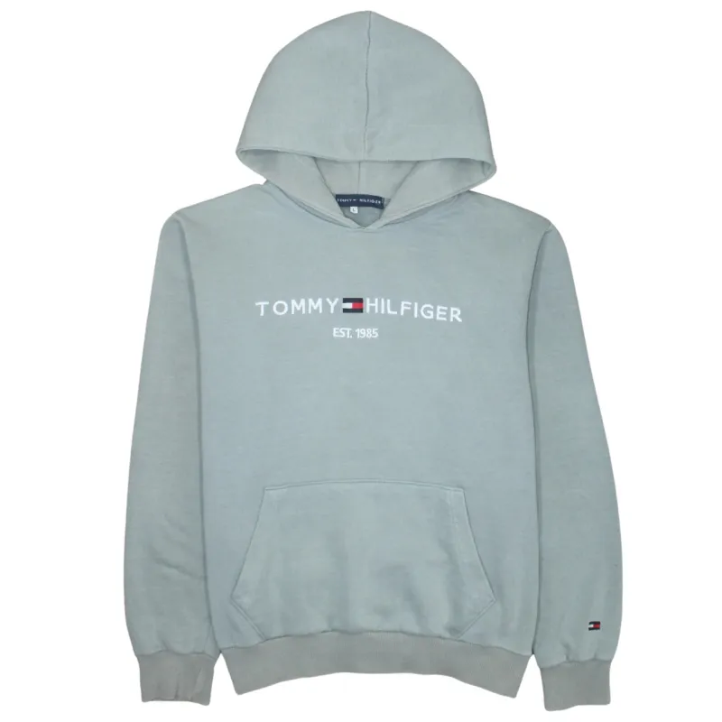 Tommy Hilfiger Light Grey Hoodie Women’s Large Embroidered Logo Front Pouch Pullover Sweatshirt sold by Vintage Club