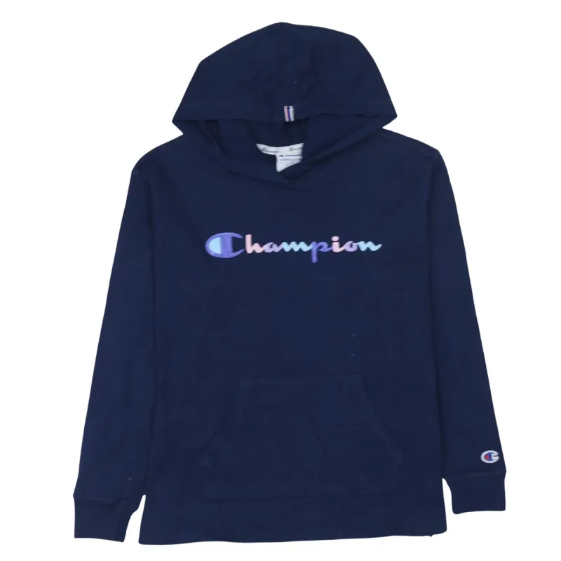 Champion Navy Blue Hoodie Women’s Large Printed Logo Front Pocket Pullover Sweatshirt sold by Vintage Club