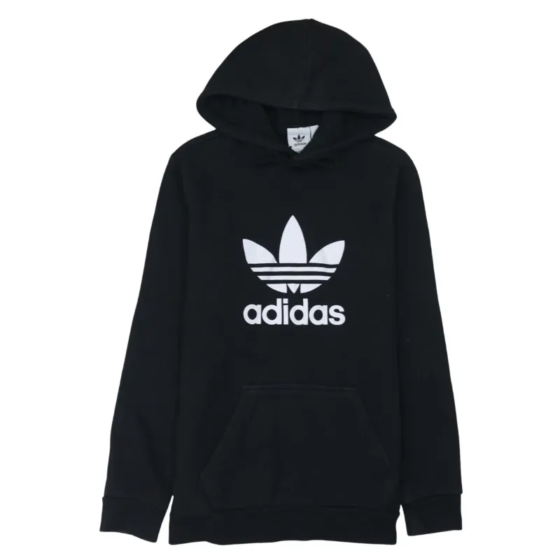 Adidas Black Hoodie Women’s Small Trefoil Printed Logo Front Pocket Pullover Sweatshirt sold by Vintage Club