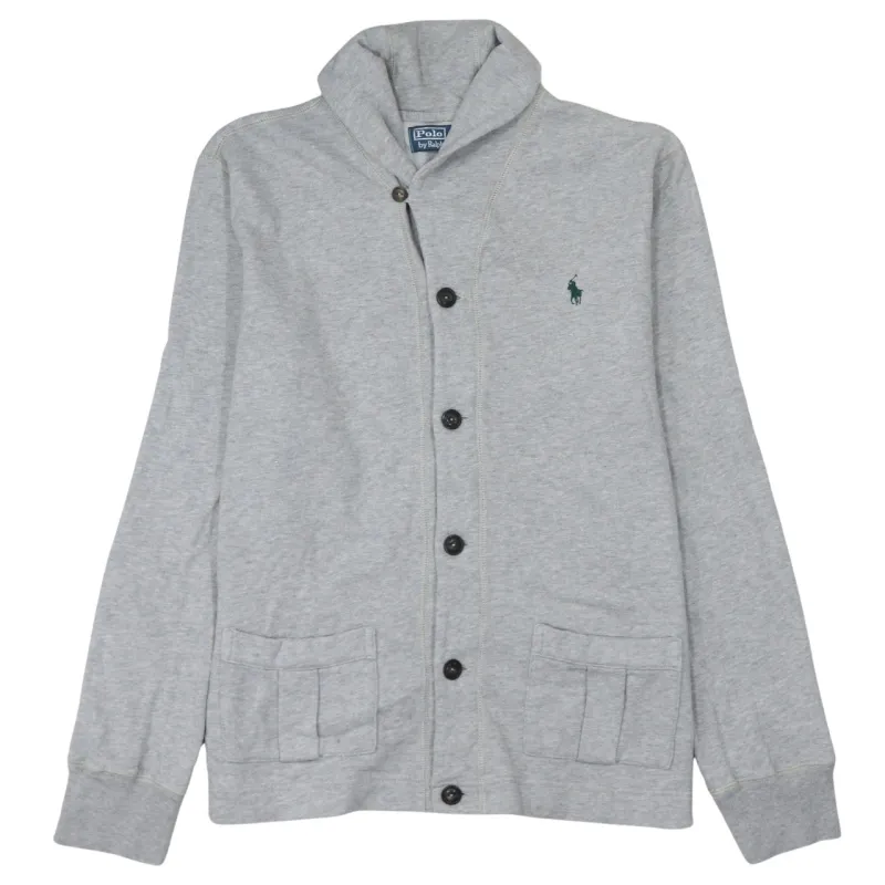 Polo Ralph Lauren Grey Cardigan Sweatshirt Women’s Large Embroidered Pony Pockets Shawl Collar sold by Vintage Club