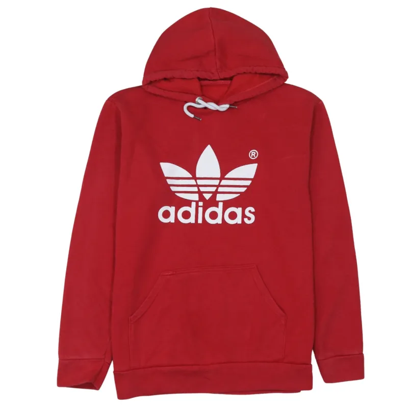 Adidas Red Hoodie Men’s Small Printed Trefoil Big Logo Front Pocket Pullover Sweatshirt sold by Vintage Club