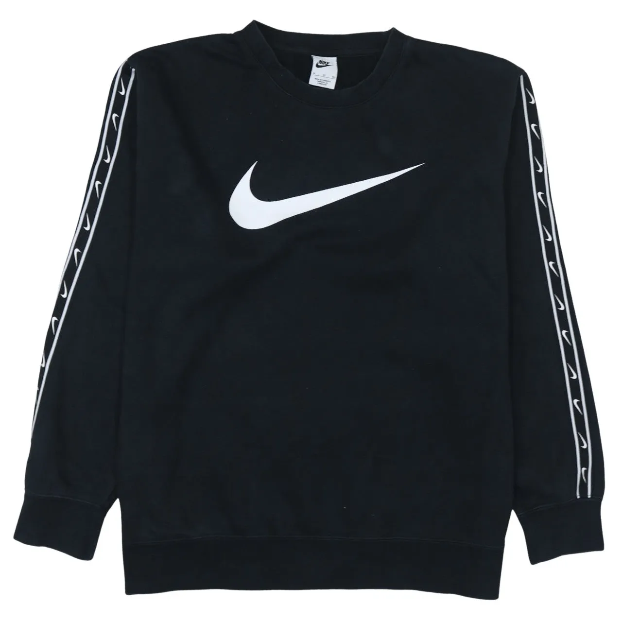 Nike Black Sweatshirt Men's XLarge Printed Swoosh Logo Tape Sleeve Crewneck Pullover Top sold by Vintage Club