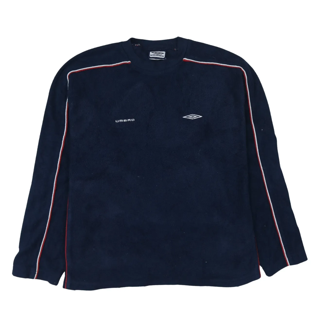 Umbro Navy Blue Fleece Jumper Women’s XXLarge Embroidered Logo Contrast Stripe Pullover Sweatshirt sold by Vintage Club