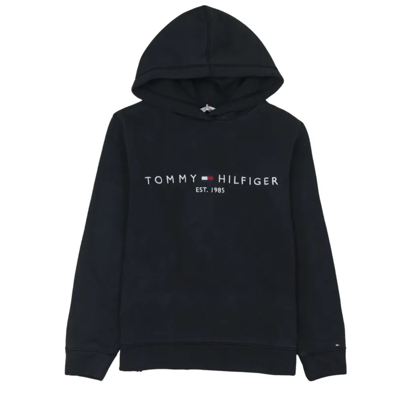 Tommy Hilfiger Black Hoodie Men's Small Printed Logo Est 1985 Pullover Sweatshirt made by Tommy Hilfiger