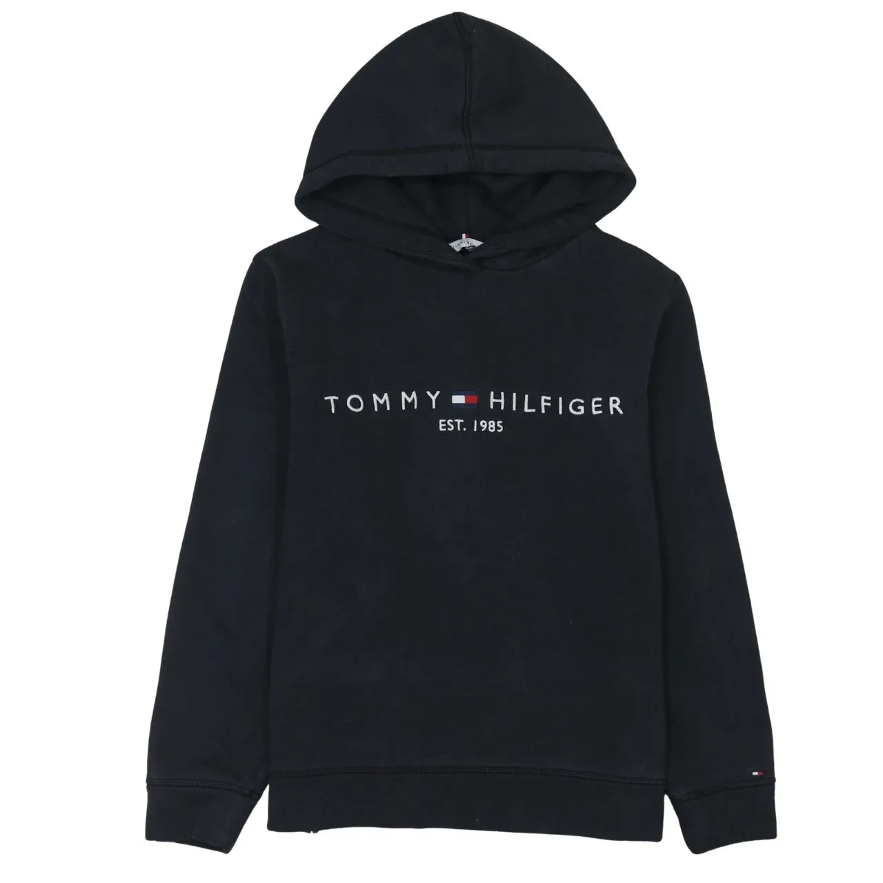 Tommy Hilfiger Black Hoodie Men's Small Printed Logo Est 1985 Pullover Sweatshirt sold by Vintage Club