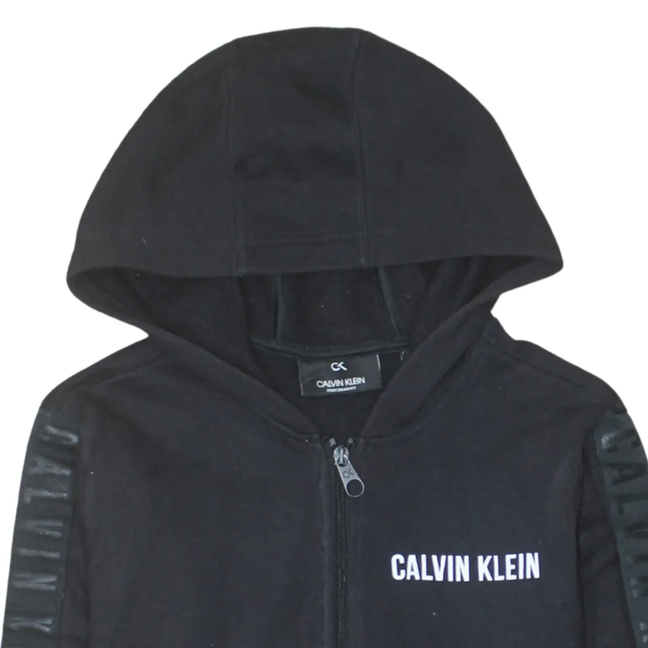 Calvin Klein Black Zip Hoodie Women's Small Printed Logo Taped Sleeves Sweatshirt sold by Vintage Club product image thumbnail 3