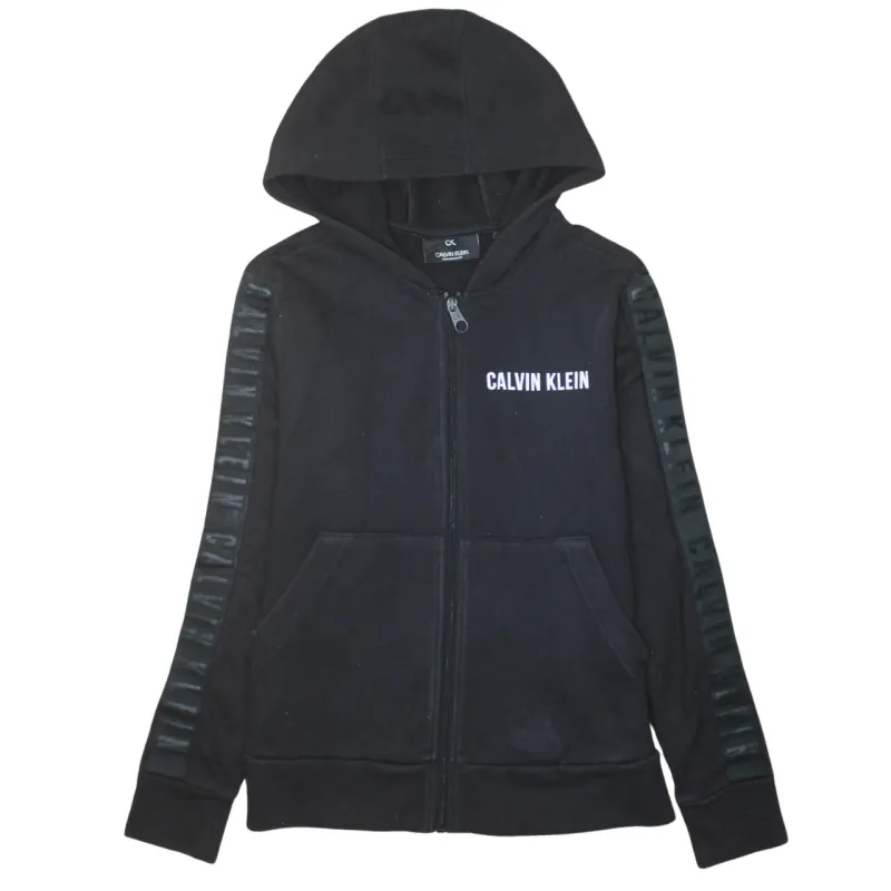 Calvin Klein Black Zip Hoodie Women's Small Printed Logo Taped Sleeves Sweatshirt sold by Vintage Club