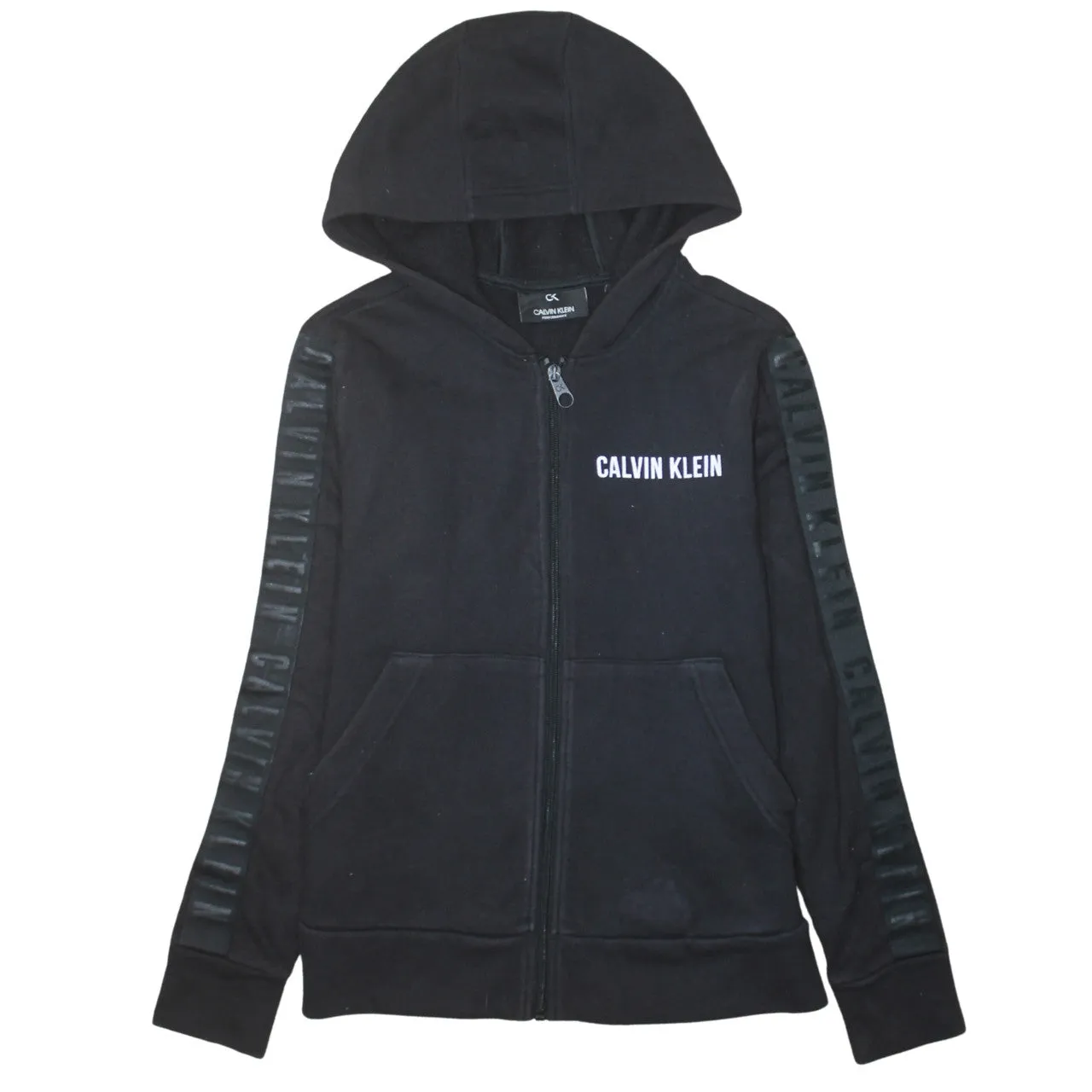 Calvin Klein Black Zip Hoodie Women's Small Printed Logo Taped Sleeves Sweatshirt sold by Vintage Club