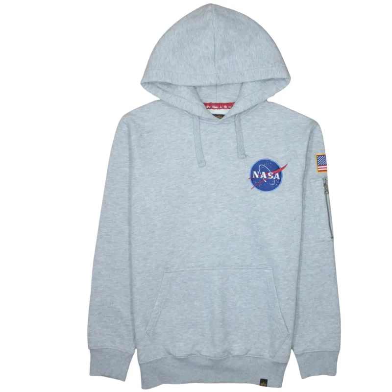 Alpha Industries Light Grey Hoodie Women’s Medium NASA Printed Logo Sleeve Pocket Sweatshirt sold by Vintage Club