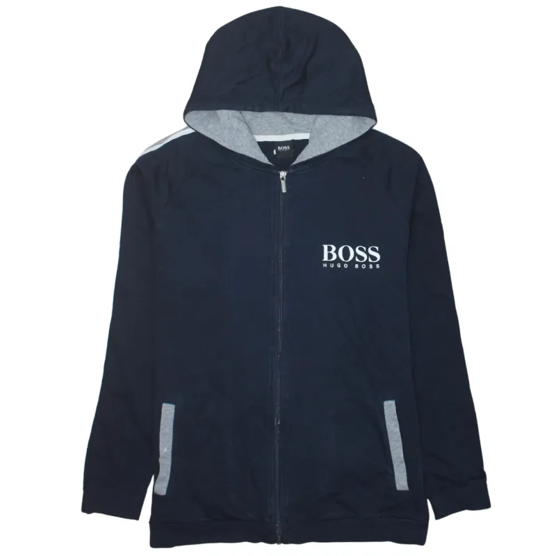 HUGO BOSS Navy Blue Zip Hoodie Women’s Large Printed Chest Logo Contrast Trim Top sold by Vintage Club