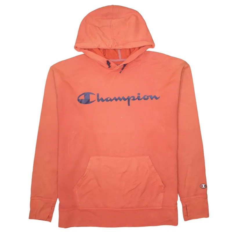 Champion Coral Orange Hoodie Women's Large Printed Logo Front Pouch Fleece Pullover Sweatshirt made by Champion