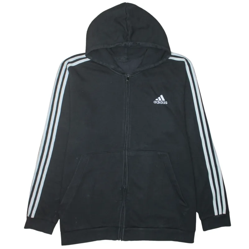 Adidas Black Zip Hoodie Men’s XLarge Embroidered Logo Three Stripe Sleeves Fleece Sweatshirt sold by Vintage Club