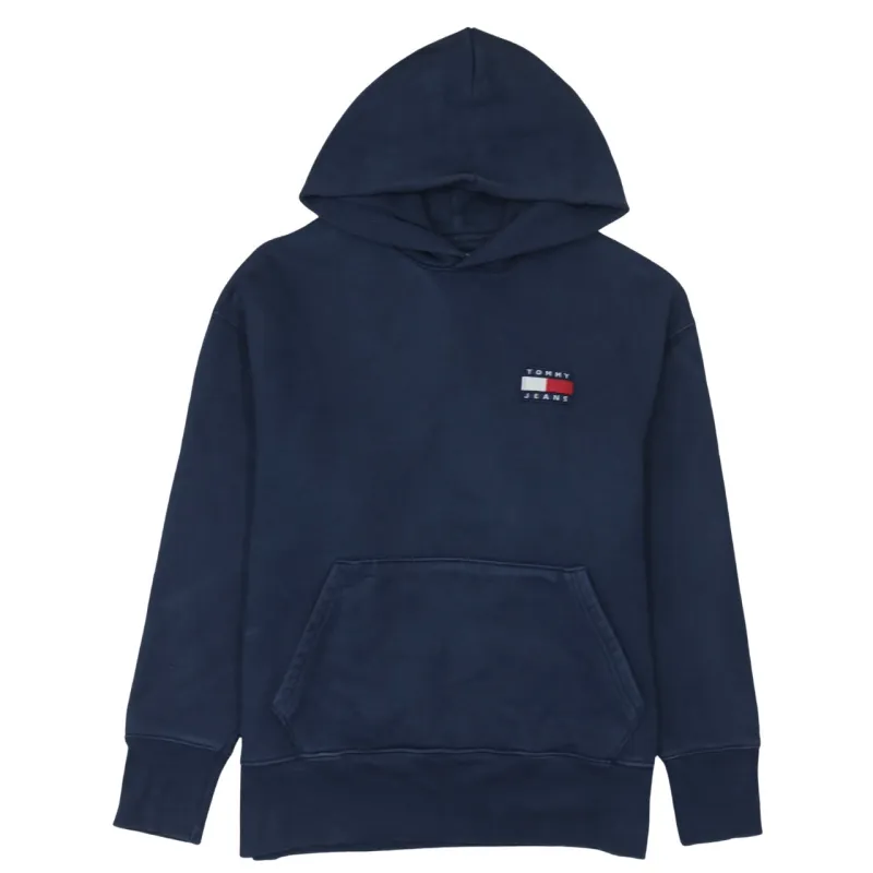 Tommy Jeans Navy Blue Hoodie Women’s Large Embroidered Chest Flag Logo Front Pocket Sweatshirt made by Vintage Club