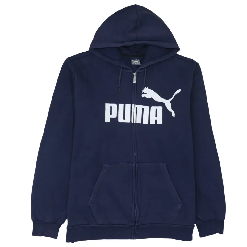 Puma Navy Blue Zip Hoodie Men's XLarge Printed Logo Front Pockets Fleece Sweatshirt sold by Vintage Club
