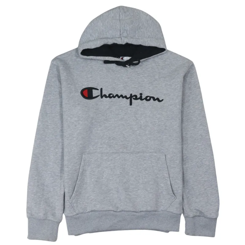 Champion Grey Hoodie Women’s Large Embroidered Script Logo Front Pocket Pullover Sweatshirt sold by Vintage Club