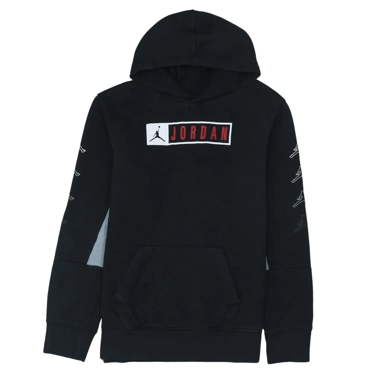 Jordan Black Pullover Hoodie Women’s XLarge Printed Chest Logo Sleeve Jumpman Graphics Sweatshirt sold by Vintage Club