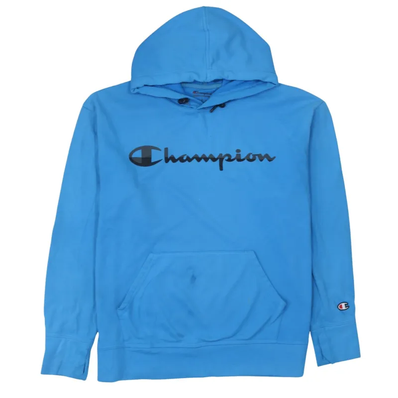 Champion Blue Hoodie Women's Large Printed Logo Front Pocket Fleece Pullover Sweatshirt sold by Vintage Club