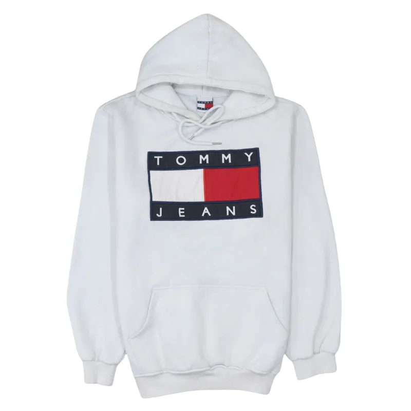 Tommy Jeans White Hoodie Men's Medium Embroidered Flag Logo Front Pocket Pullover Sweatshirt sold by Vintage Club