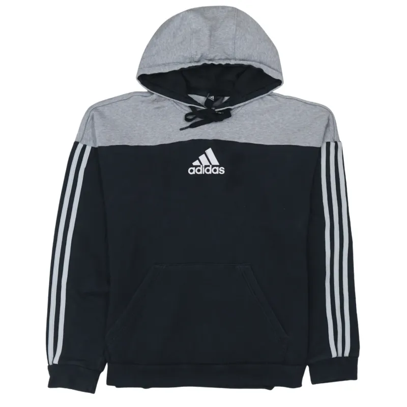 Adidas Grey Black Hoodie Men's Medium Embroidered Logo Three Stripe Sleeve Pullover Sweatshirt made by Adidas