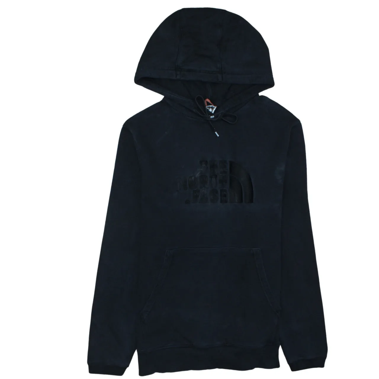 The North Face Black Hoodie Men's Small Embossed Front Logo Drawstring Pullover Sweatshirt sold by Vintage Club
