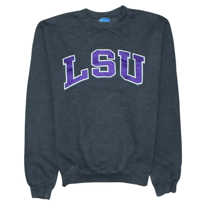 Champion Charcoal Grey Sweatshirt Men's Small LSU Printed Logo Crewneck Pullover Fleece Top made by Champion