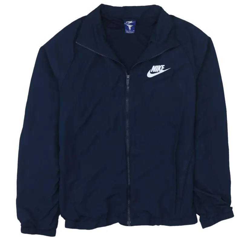Nike Navy Blue Windbreaker Jacket Women’s Medium Printed Swoosh Logo Zip Outerwear Track Top sold by Vintage Club