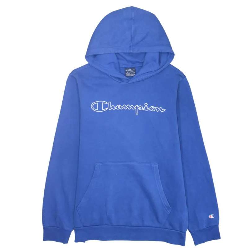 Champion Blue Hoodie Women’s XLarge Printed Script Logo Front Pocket Pullover Sweatshirt sold by Vintage Club
