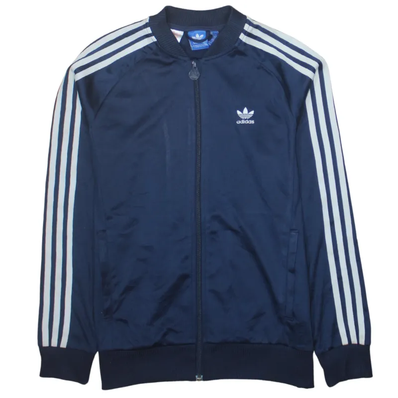 Adidas Navy Blue Track Jacket Women’s Large Trefoil Embroidered Logo Three Stripe Zip Top made by Adidas