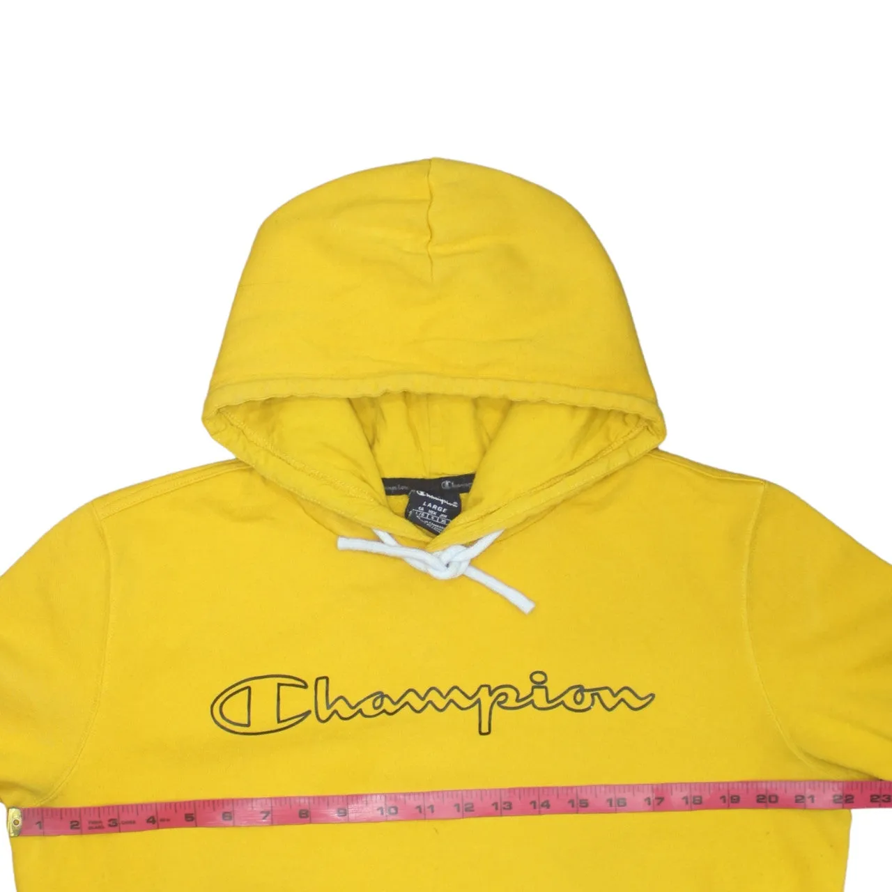 Champion Yellow Hoodie Women's Large Printed Script Logo Front Pocket Pullover Sweatshirt sold by Vintage Club product image thumbnail 5