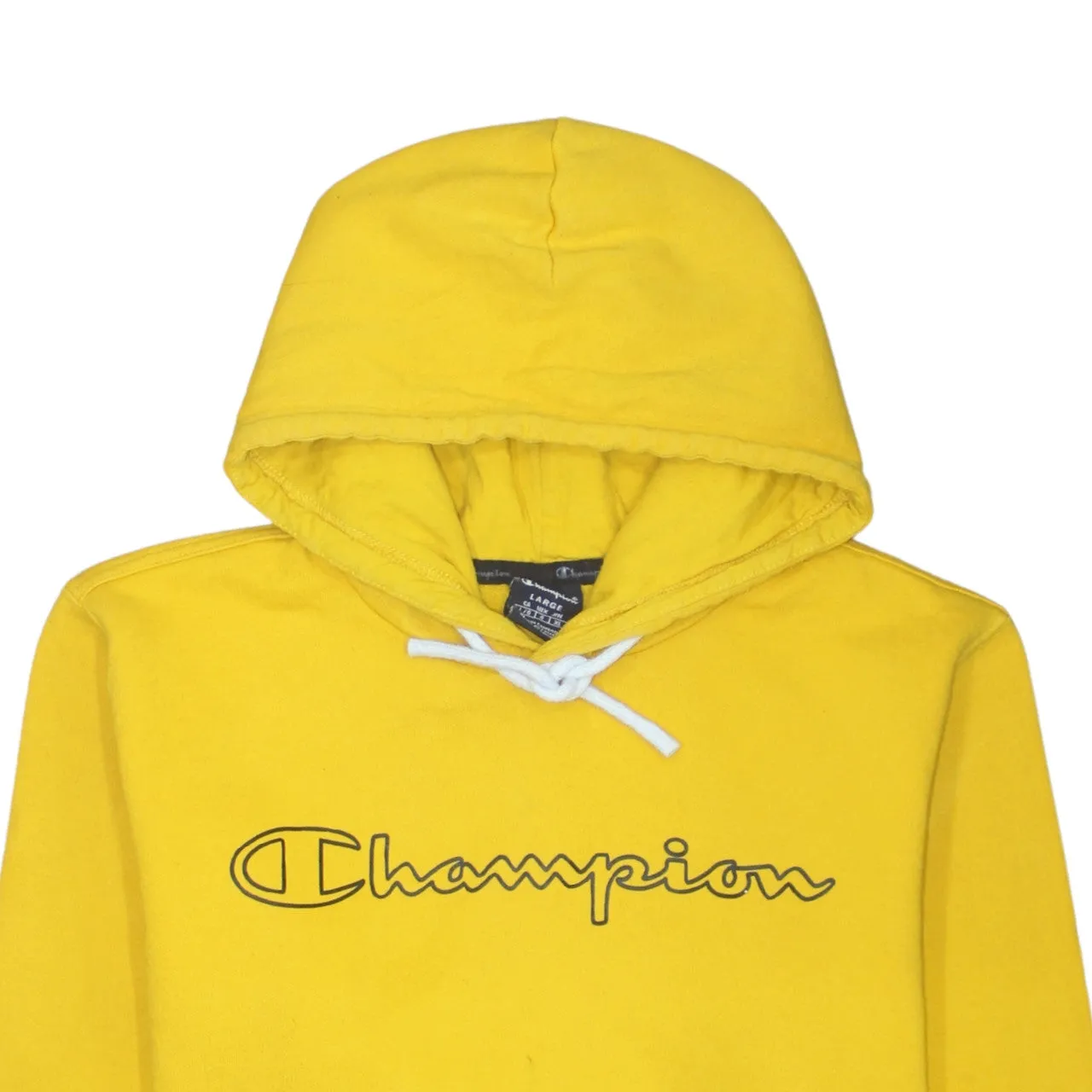 Champion Yellow Hoodie Women's Large Printed Script Logo Front Pocket Pullover Sweatshirt sold by Vintage Club product image thumbnail 3