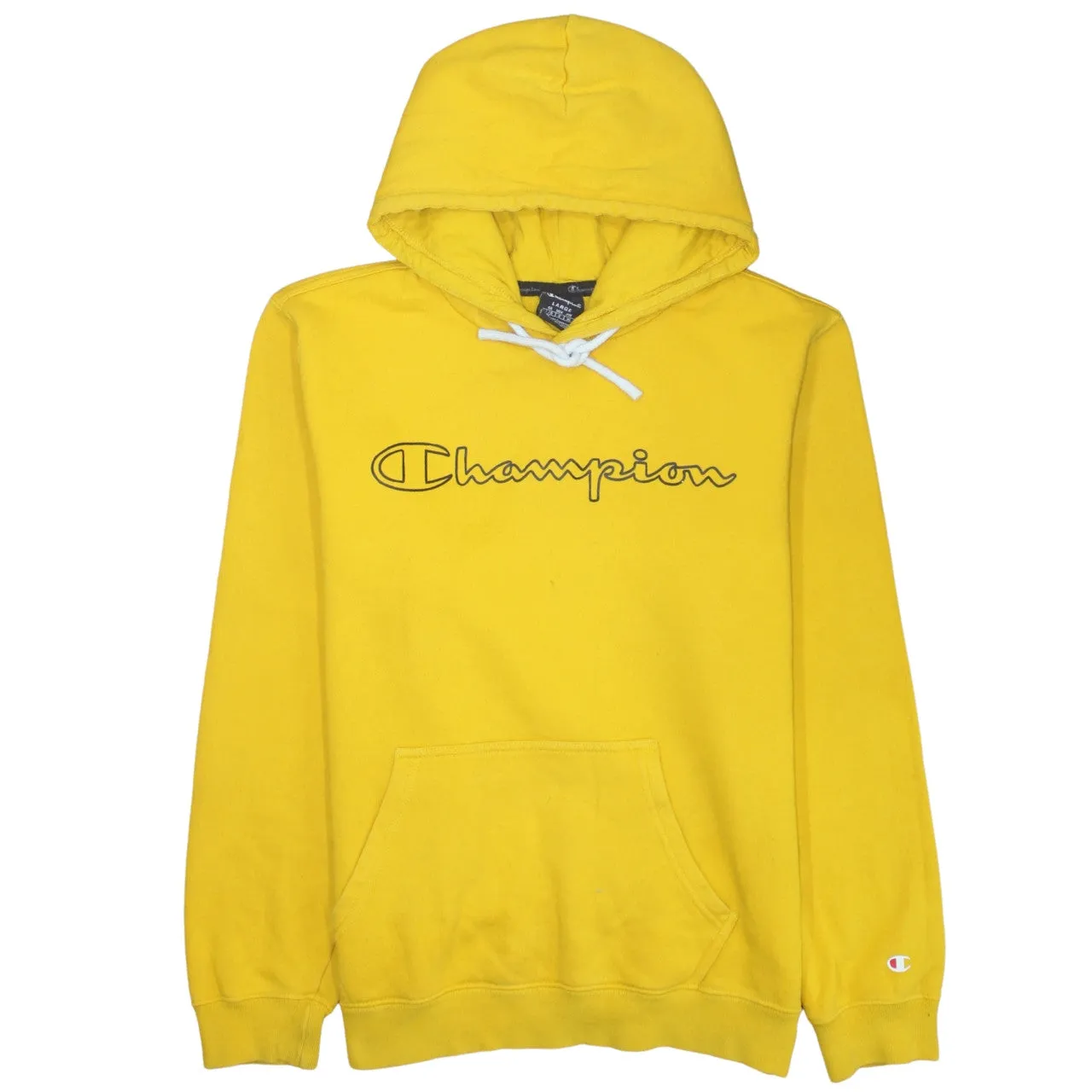 Champion Yellow Hoodie Women's Large Printed Script Logo Front Pocket Pullover Sweatshirt sold by Vintage Club