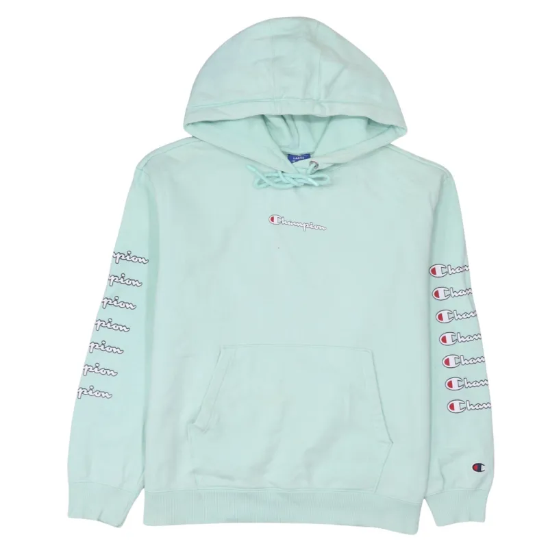 Champion Mint Green Hoodie Women's Large Embroidered Logo Sleeve Branding Pullover Sweatshirt sold by Vintage Club