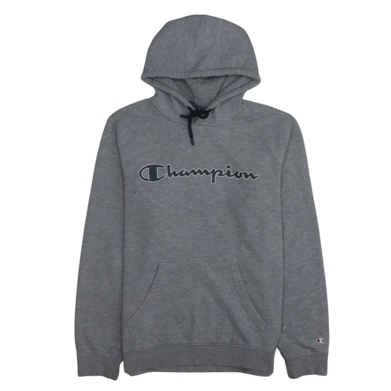 Champion Grey Hoodie Women's Medium Printed Script Logo Front Pocket Pullover Sweatshirt sold by Vintage Club
