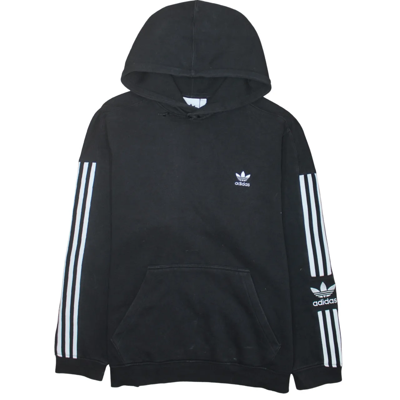 Adidas Black Hoodie Men's Large Trefoil Embroidered Logo Three Stripe Sleeve Pullover Sweatshirt sold by Vintage Club