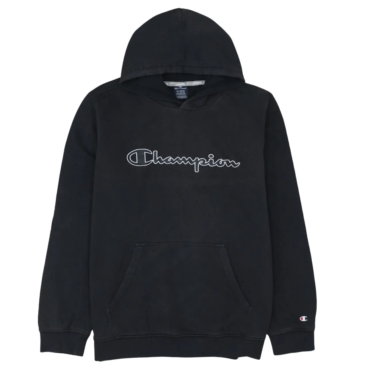 Champion Black Hoodie Women’s XLarge Embroidered Script Logo Front Pocket Pullover Sweatshirt sold by Vintage Club