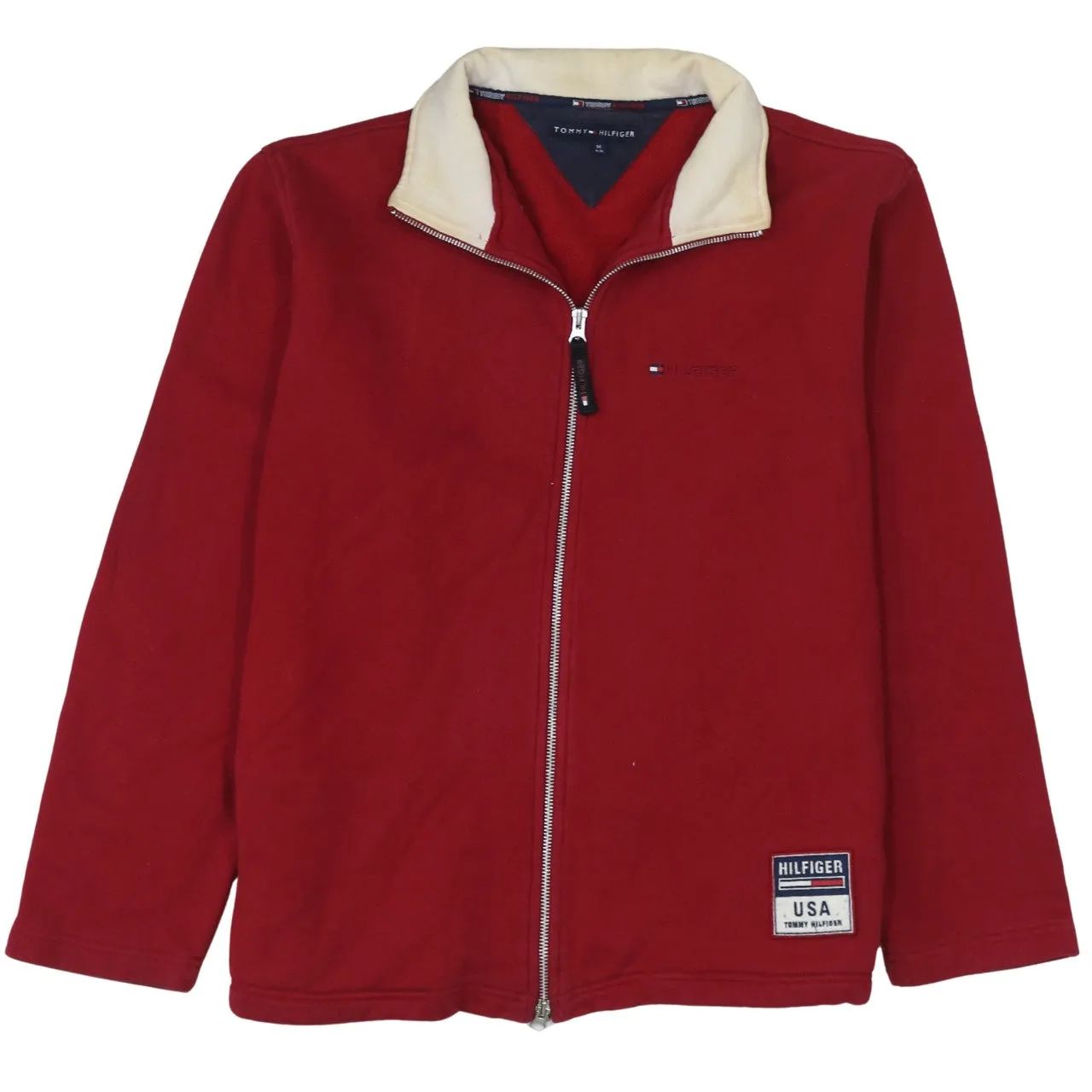 Tommy Hilfiger Burgundy Red Full Zip Sweatshirt Men's Medium Embroidered Logo Flag Back Fleece Jacket sold by Vintage Club