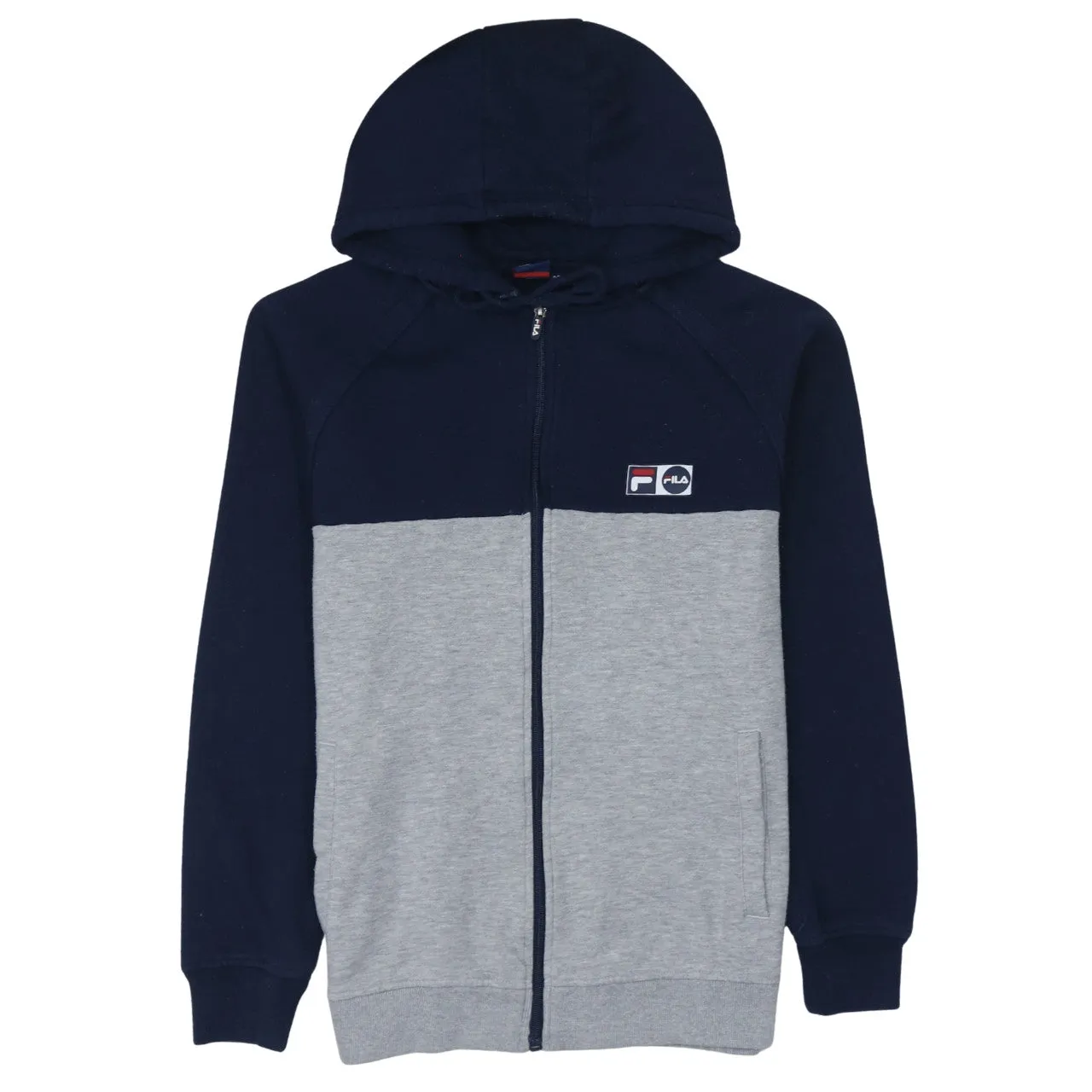 Fila Navy Grey Hoodie Women’s Medium Full Zip Embroidered Chest Logo Pockets Sweatshirt sold by Vintage Club