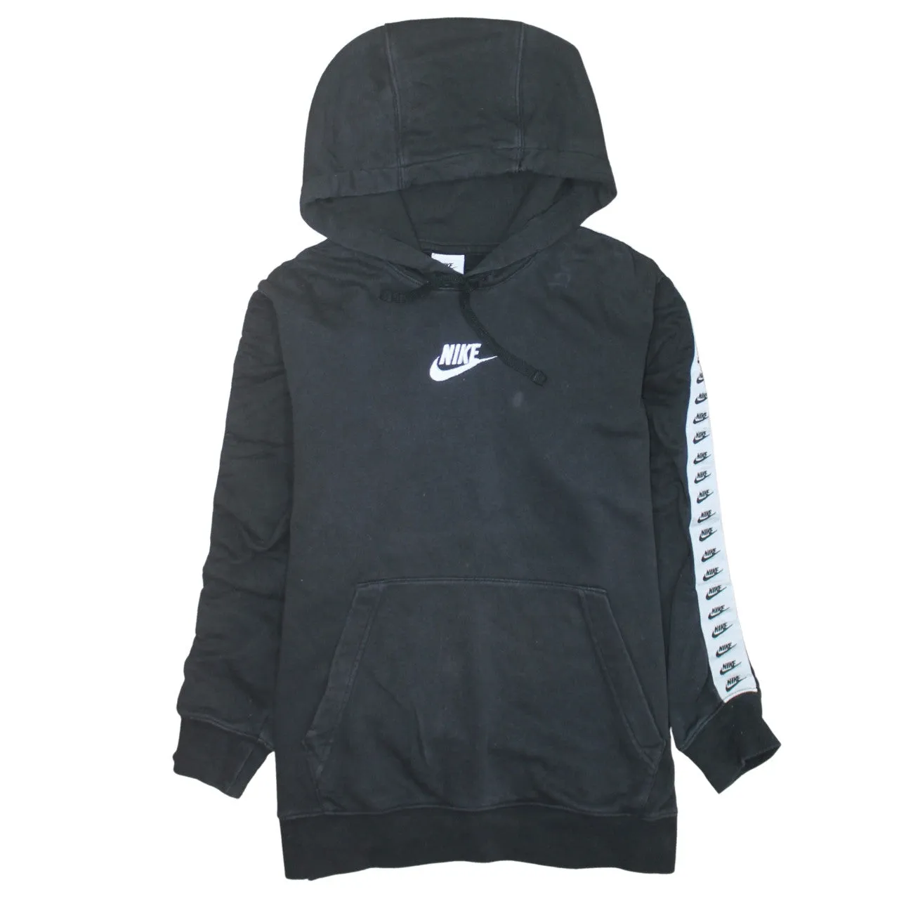 Nike Black Hoodie Men’s Small Embroidered Chest Logo Branded Sleeve Tape Pullover Sweatshirt sold by Vintage Club