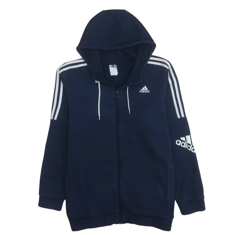 Adidas Navy Blue Full Zip Hoodie Women’s XLarge Three Stripe Sleeves Printed Logo Sweatshirt sold by Vintage Club