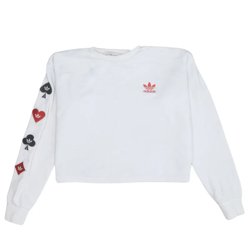 Adidas White Sweatshirt Women’s XSmall Embroidered Trefoil Chest Playing Card Sleeve Pullover Top sold by Vintage Club