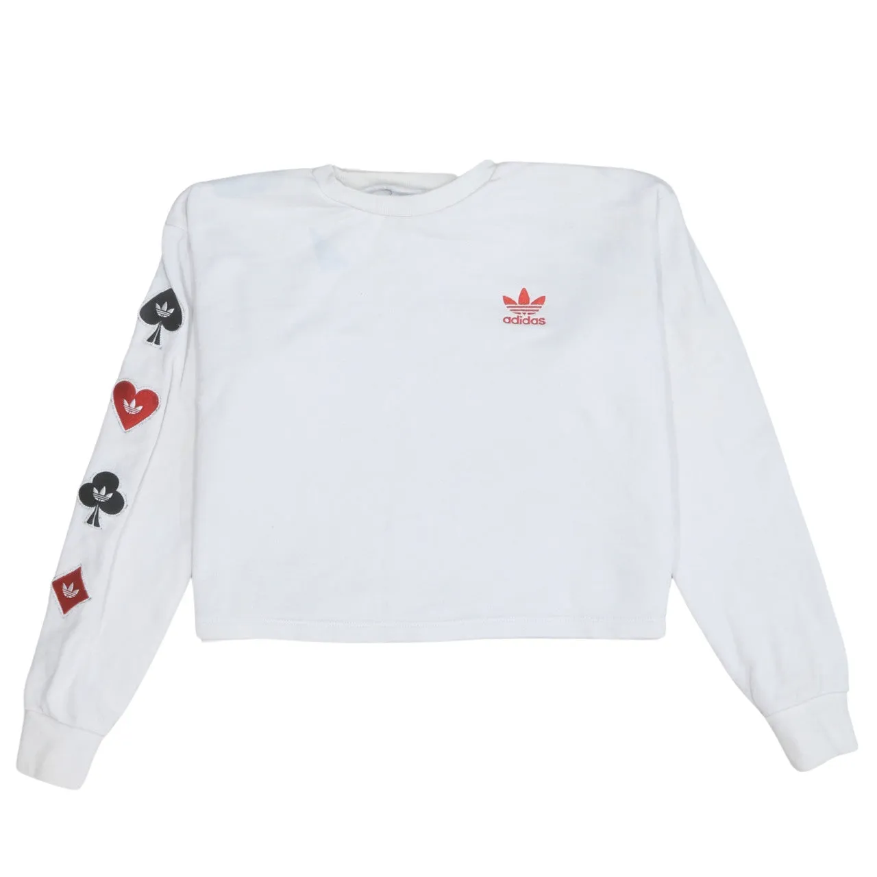 Adidas White Sweatshirt Women’s XSmall Embroidered Trefoil Chest Playing Card Sleeve Pullover Top sold by Vintage Club