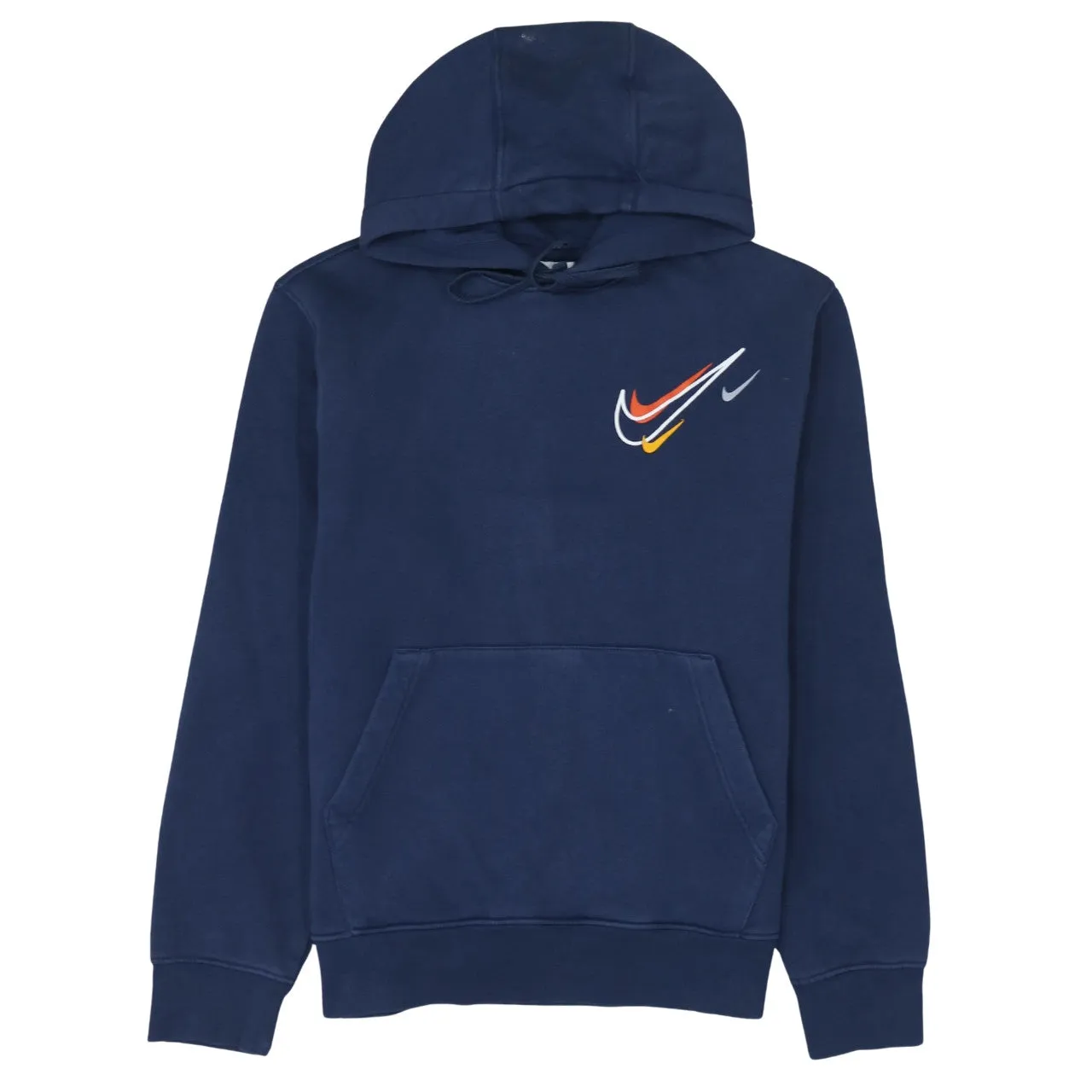 Nike Navy Blue Hoodie Men's Small Multi Swoosh Printed Logo Pullover Sweatshirt sold by Vintage Club
