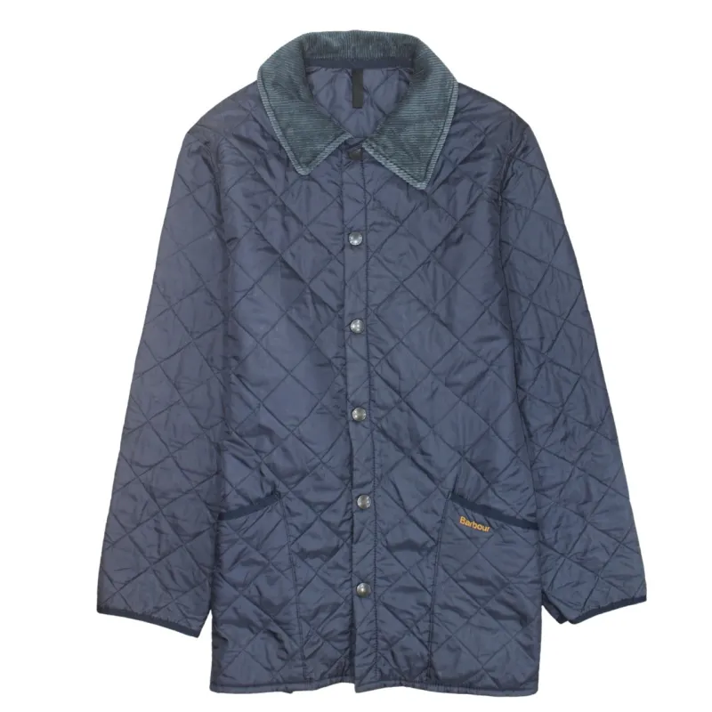 Barbour Navy Blue Quilted Jacket Men's Small Cord Collar Snap Front Pockets Outerwear sold by Vintage Club