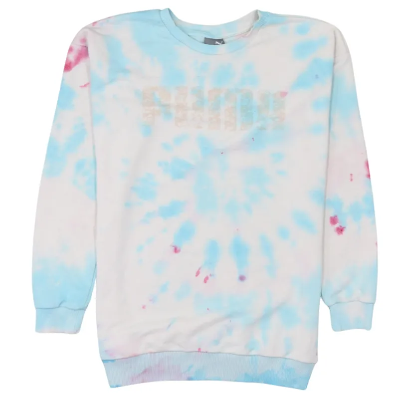 Puma White Blue Pink Tie Dye Sweatshirt Women’s Small Printed Logo Crewneck Pullover Top sold by Vintage Club