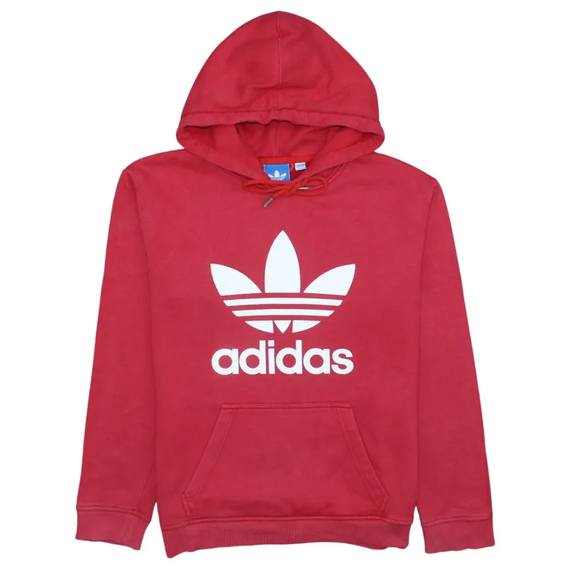 Adidas Red Hoodie Women's Large Trefoil Printed Logo Front Pocket Pullover Sweatshirt sold by Vintage Club