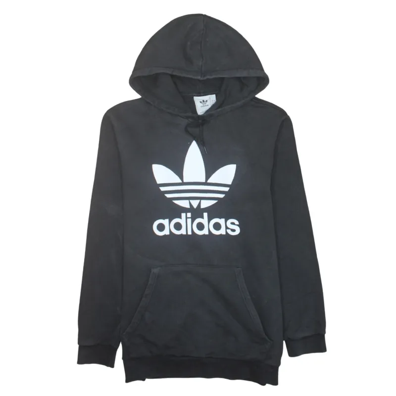 Adidas Black Hoodie Women’s Large Printed Trefoil Logo Front Pocket Pullover Sweatshirt sold by Vintage Club