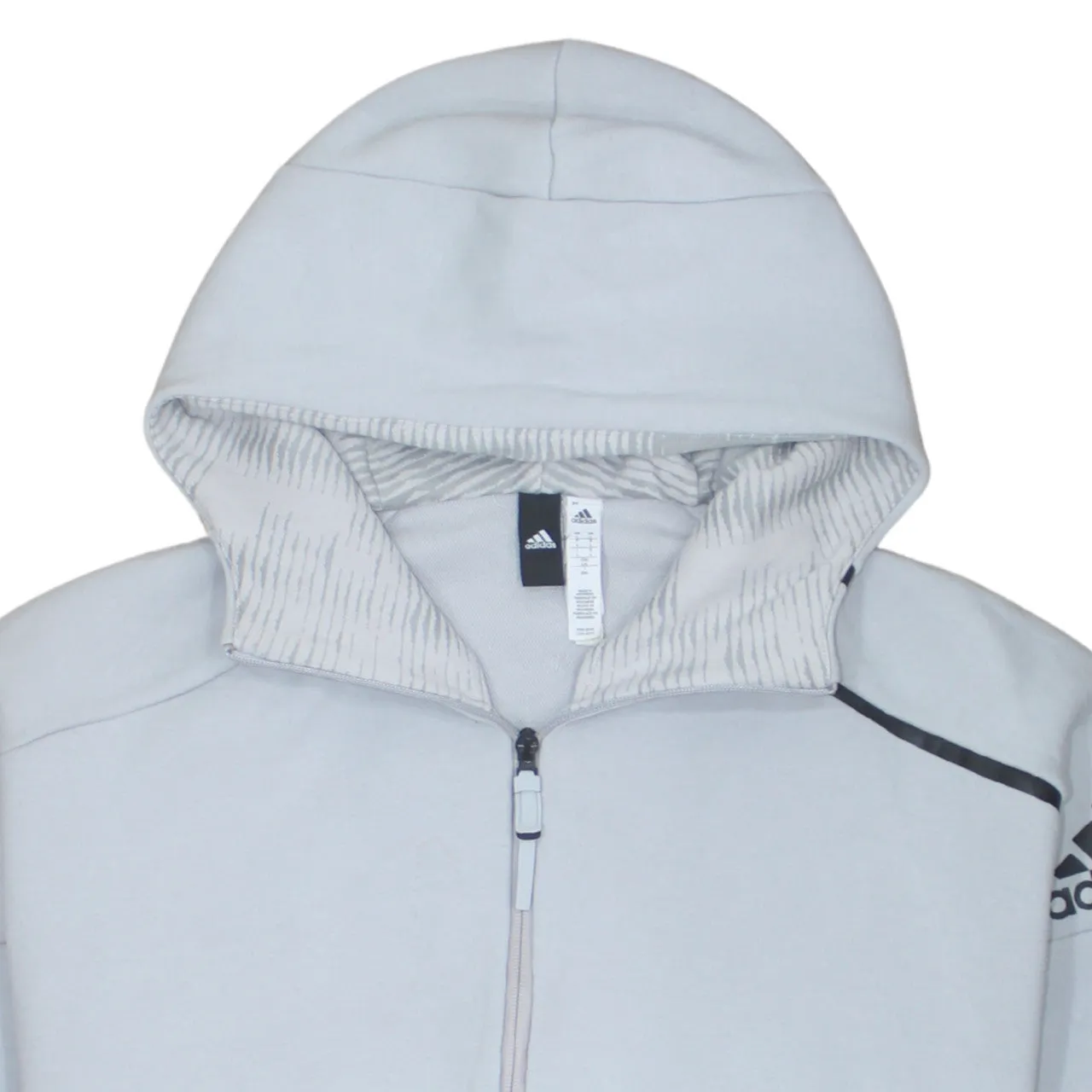 Adidas Light Grey Full Zip Hoodie Women’s Large Printed Sleeve Logo Zip Pockets Sweatshirt sold by Vintage Club product image thumbnail 3