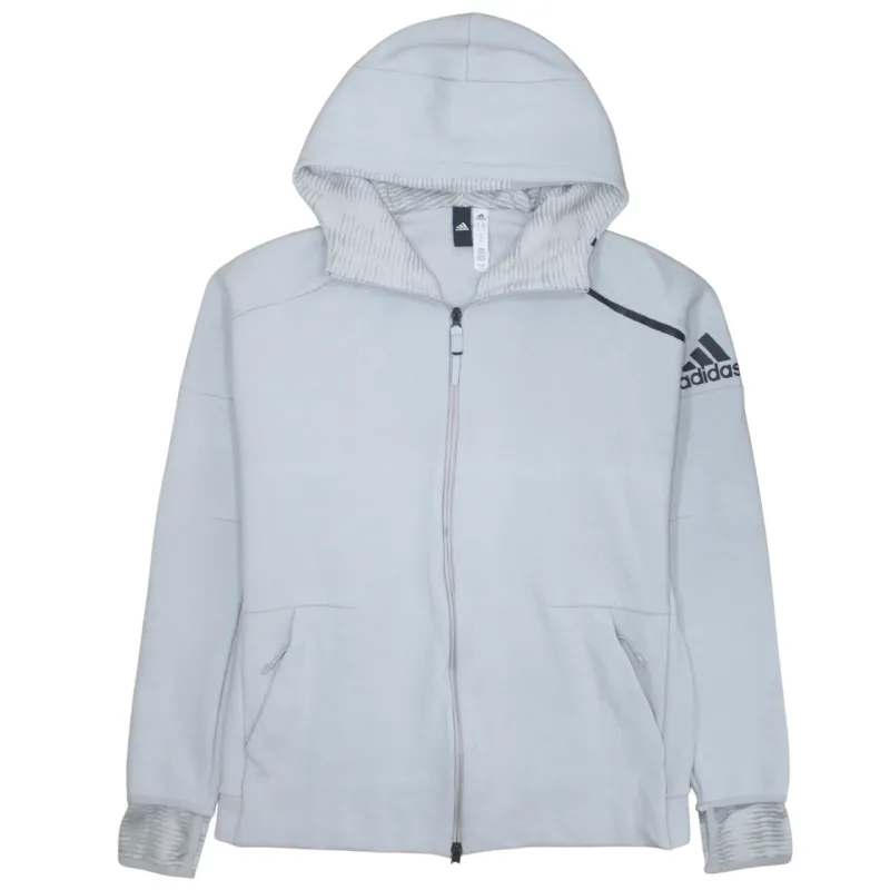 Adidas Light Grey Full Zip Hoodie Women’s Large Printed Sleeve Logo Zip Pockets Sweatshirt sold by Vintage Club