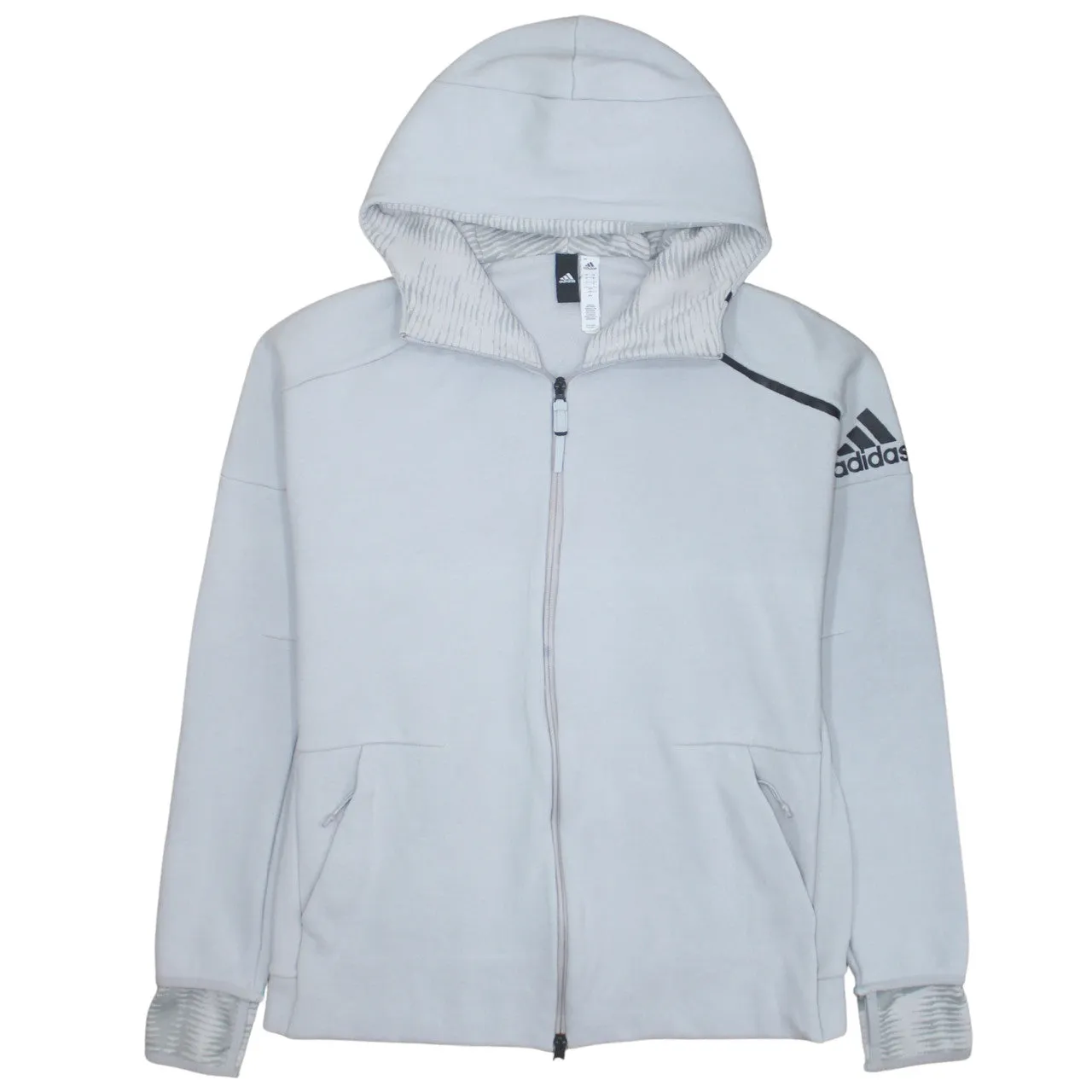 Adidas Light Grey Full Zip Hoodie Women’s Large Printed Sleeve Logo Zip Pockets Sweatshirt sold by Vintage Club