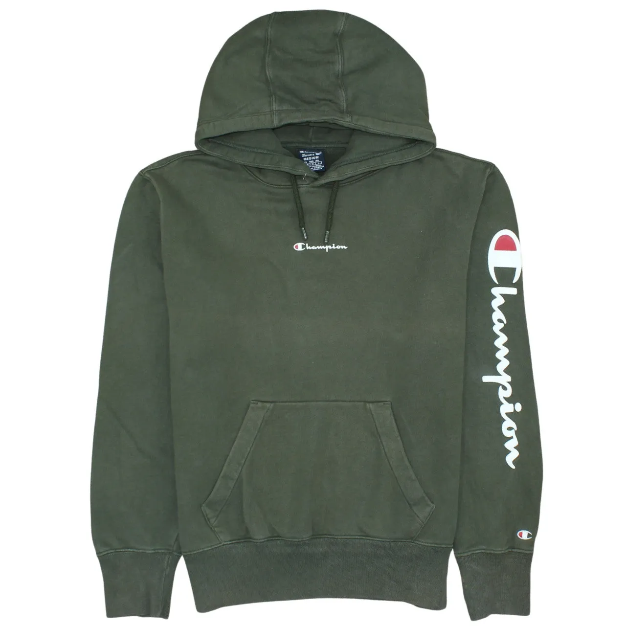 Champion Khaki Green Hoodie Men's Medium Printed Sleeve Logo Pullover Sweatshirt sold by Vintage Club